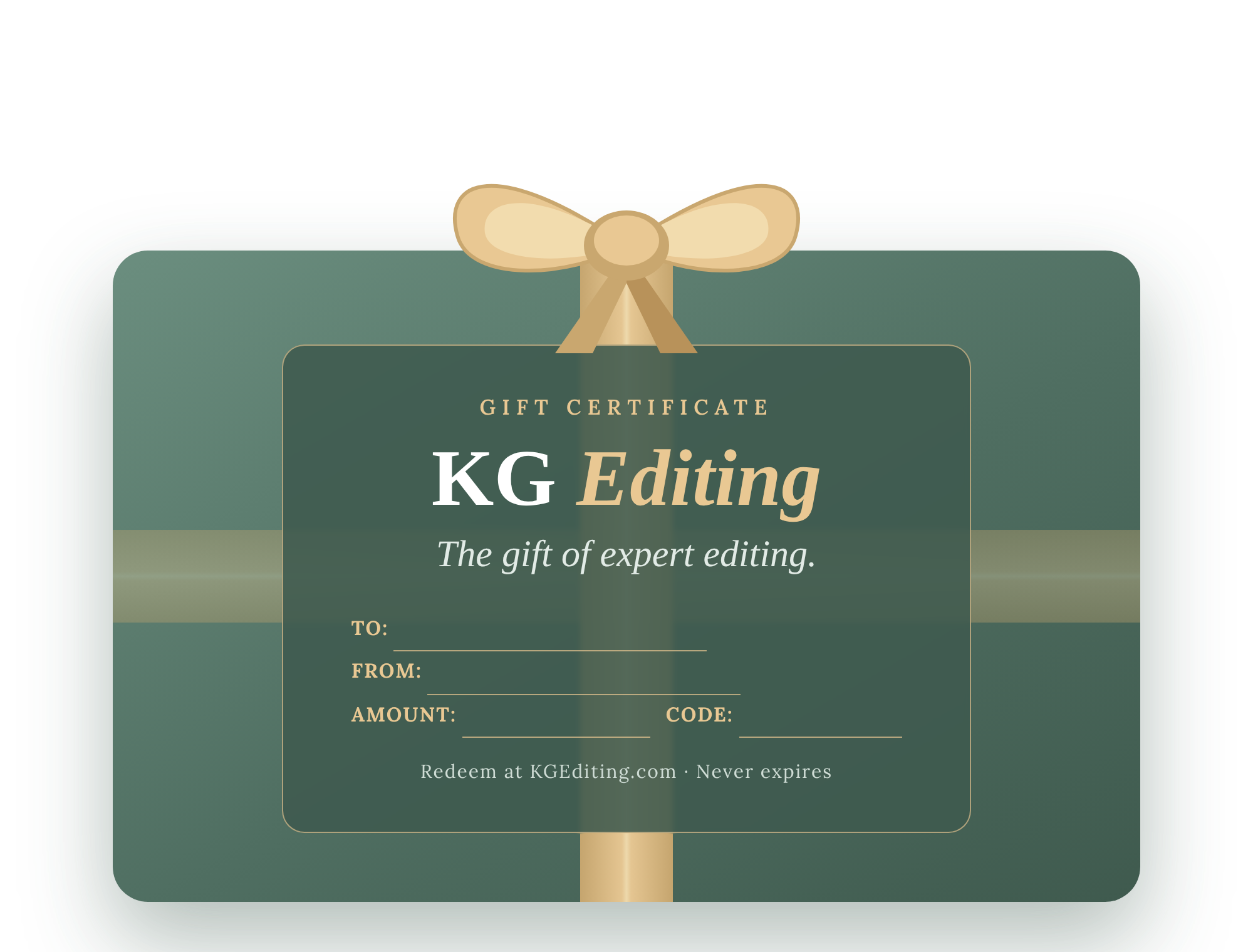 A KG Editing gift certificate in sage green, wrapped with a gold ribbon and bow, with lines for the recipient, sender, amount, and code