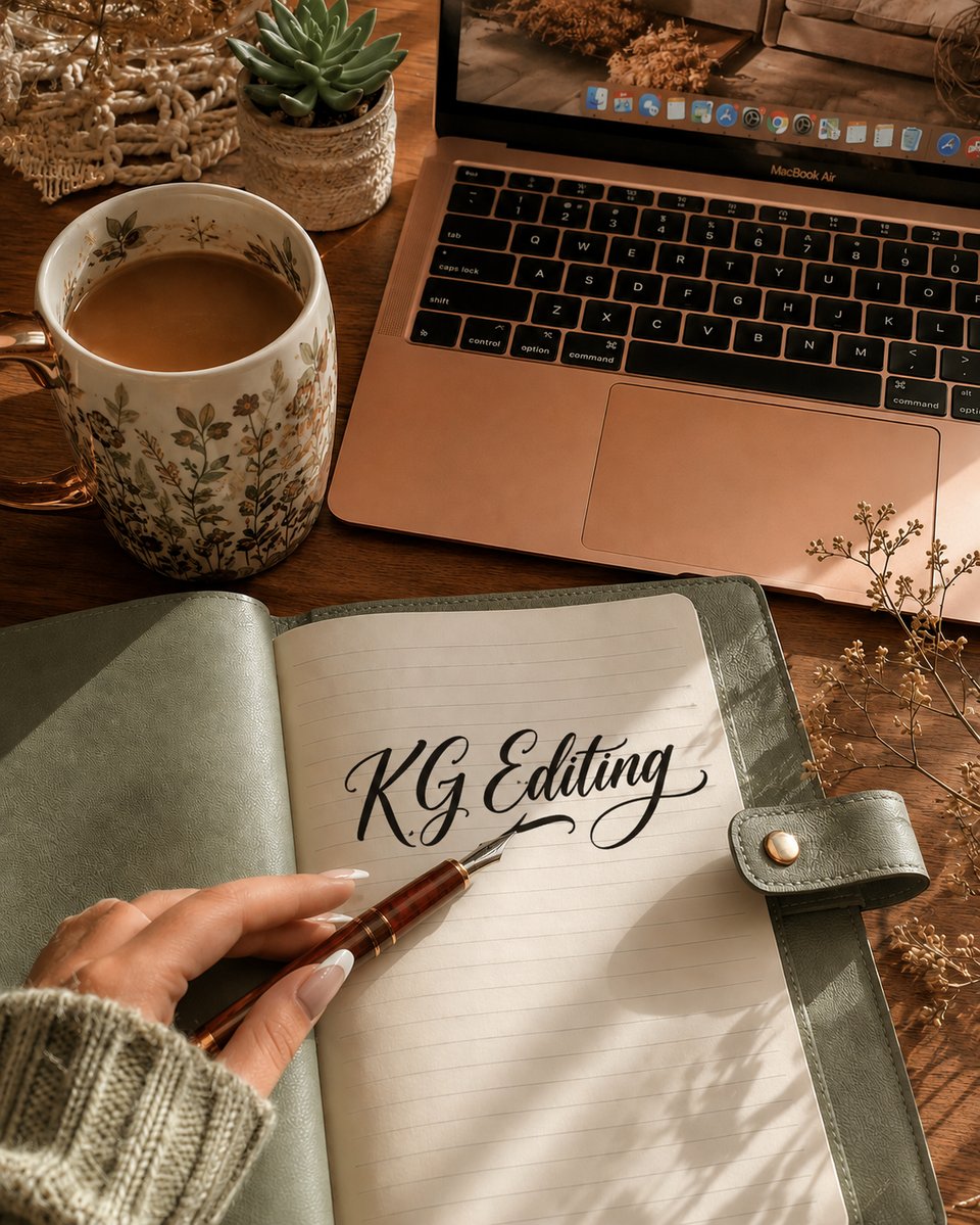 A boho workspace with a rose gold laptop, floral coffee mug, and an open journal with KG Editing written in calligraphy